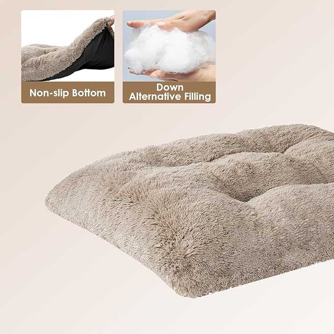 EHEYCIGA Fluffy Dog Crate Bed for Medium Dogs, Plush Faux Fur Pet Crate Pad, Calming Anti Anxiety Medium Pet Bed, Washable Soft Warm Dog Mat with Non-Slip Bottom, Taupe
