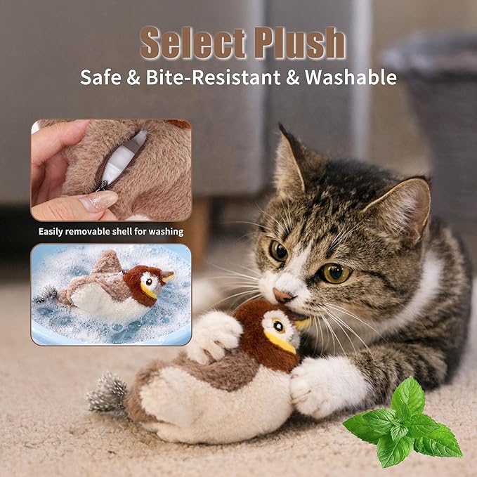 Interactive Chirping Bird Cat Toys with Flapping Wings,New Flying Birds Cats Toy, Flying Simulation Electric Sparrow Shaking Hunting Pet Toy for Indoor (Sparrow)