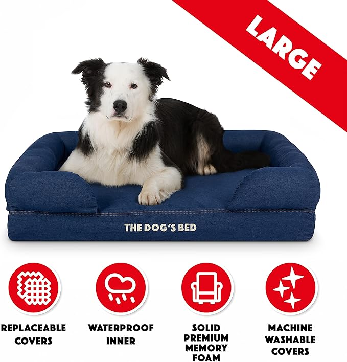 The Dog’s Bed Orthopedic Memory Foam Dog Bed with Bolsters for Large Dogs, Waterproof Washable Cover, Anti-Slip Base, Calming Surface – CertiPUR-Certified Foam, Denim Fabric, Blue Denim, Large