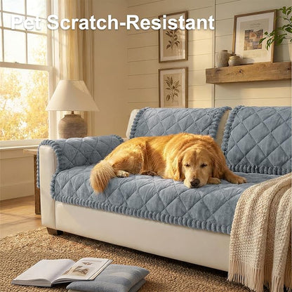 Smiry Fuzzy Couch Cover for Dogs, Non Slip Washable Pet Sofa Cover, Scratch Proof Hair Resistant Plush Sofa Slipcover, Pet Friendly Couch Cushion Protector for Cat, Grey, 27.6" x 88"