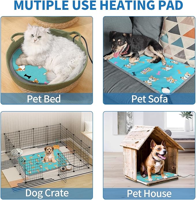 GOLOPET Cat Heating Pad 18x18 in Pet Heating Pad for Cats Waterproof Smart Thermostat Switch, Adjustable, Adding Wire Rope Wires Cat Warming Pad-Blue