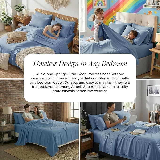 Southshore Fine Living, Inc. 6 Piece, 21 Inch Extra Deep Pocket King Sheet Set, Pet Hair Resistant Bedding w/ 4 Pillow Cases, Blue King Sheets Deep Pocket Set, Easy Care, Coronet Blue Sheets