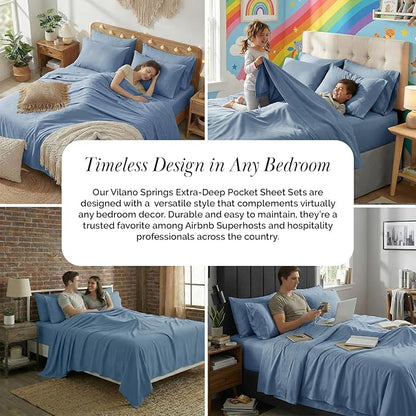 Southshore Fine Living, Inc. 7-Piece Deep Pocket Split King Sheet Set, 21-Inch Adjustable Bed Sheets, Split King Fitted Sheets, Oversized Flat Sheet, Blue Pillow Cases Set of 4, Coronet Blue Bedding
