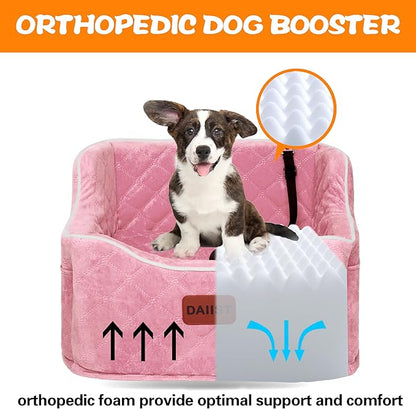 Dog Car Seat for Small Medium Dogs, Detachable Washable Dogs Booster Seat Under 35lbs, Elevated Dog Car Bed with Storage Pockets (Pink, One Size)