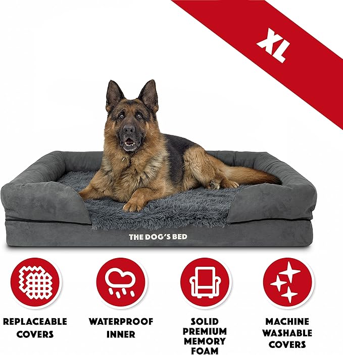 The Dog’s Bed Orthopedic Memory Foam Dog Bed with Bolsters for XL Dogs, Waterproof Washable Cover, Anti-Slip Base, Calming Surface – CertiPUR-Certified Foam, Fur Fabric, Grey Fur, XL