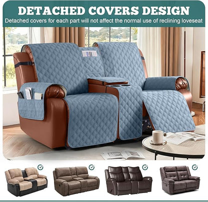 Ruaozz Waterproof Loveseat Recliner Cover with Console Non-Slip Reclining Couch Covers Split Sofa Slipcovers with Elastic Straps Furniture Protector for Kids, Dogs, Pets (Pastel Blue, 2 Seater)