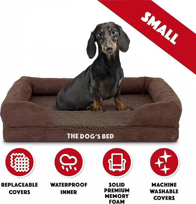 The Dog’s Bed Orthopedic Memory Foam Dog Bed with Bolsters for Small Dogs, Waterproof Washable Cover, Anti-Slip Base, Calming Surface – CertiPUR-Certified Foam, Plush Fabric, Brown Plush, Small