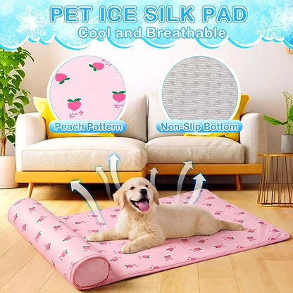 DoubleFill 4 Pack Cooling Dog Mats with Supportive Pillow 23.6" x 31.5" Self Cooling Dog Pads Ice Silk Washable Pet Cool Mat Summer Cat Sleeping Pad with Storage Bag for Crate Bed Floor (Large, Pink)