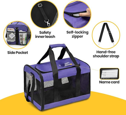 Conlun Dog Carrier Soft Sided, Large Cat Carrier with Inner Safety Leash, Pet Transport Carrier for Large Cats and Medium Dogs up to 20 Lbs, Collapsible Travel Puppy Carrier Bag -Purple L