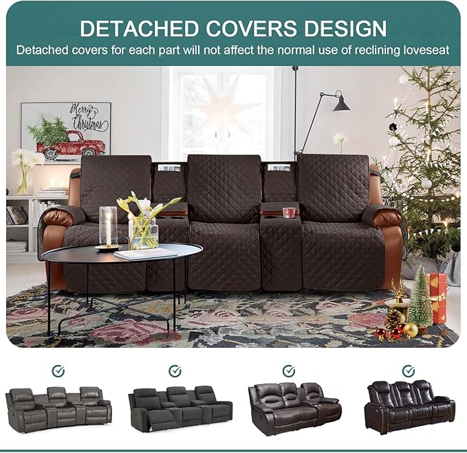 Ruaozz Waterproof Recliner Sofa Cover with Console Non-Slip Couch Covers for Reclining Couches Pet Cover for Double Recliner Sofa Cover with Elastic Straps for Kid Dogs Pets (Chocolate, 3 Seater)