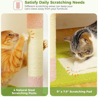 PAWZ Road Pink Flower Cat Tree Tower 62 Inches Cat Tree with 2 Condos,2 Flower Perches,4 Scratching Posts & 1 Scratching Board, and 2 Hanging Balls for Indoor Cats