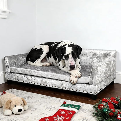 BingoPaw Large Dog Sofa Couch: Luxury Extra Large Pet Couch Made by Deluxe Tufted Velvet - European Court Style Doggy Chaise Daybed with Attached Cushion for Giant Breed Dogs up to 120lbs