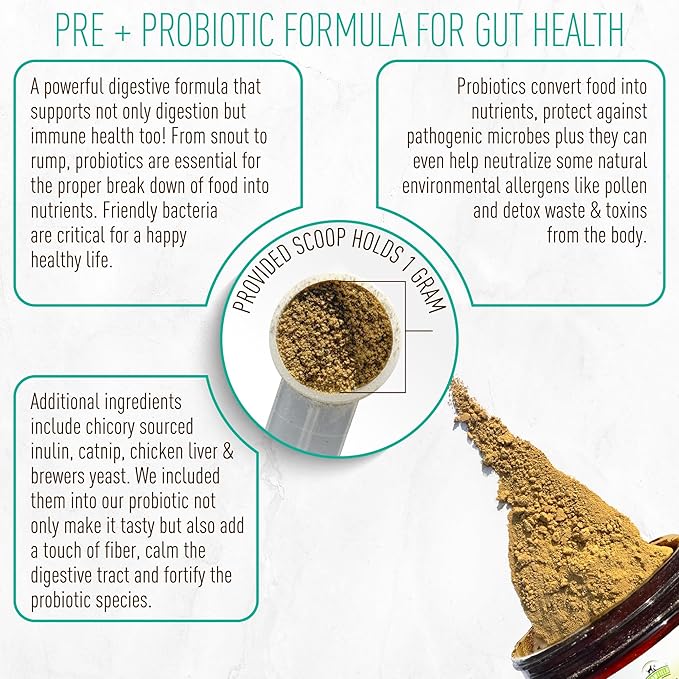Strawfield Pets' Pre + Probiotic Powder for Cats with Catnip Probiotic for Cats Constipation, Diarrhea, Digestion Relief Immune Support Supplement Natural Chicken Liver Flavor 120 Grams / 120 Scoops