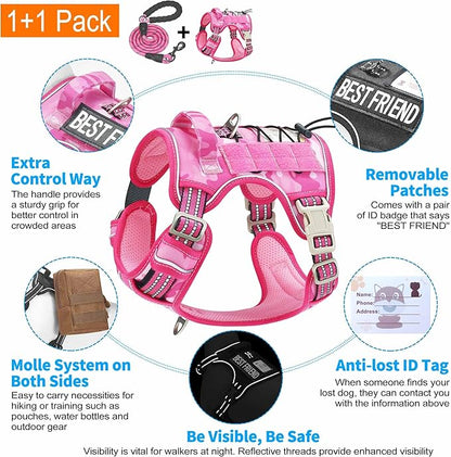 Beebiepet Heavy Duty Tactical Dog Harness for Large Dogs, No Pull Adjustable Pet Harness Reflective Service Training Easy Control Pet Vest Military K9 Working Dog Harnesses- Large, Pink Camo