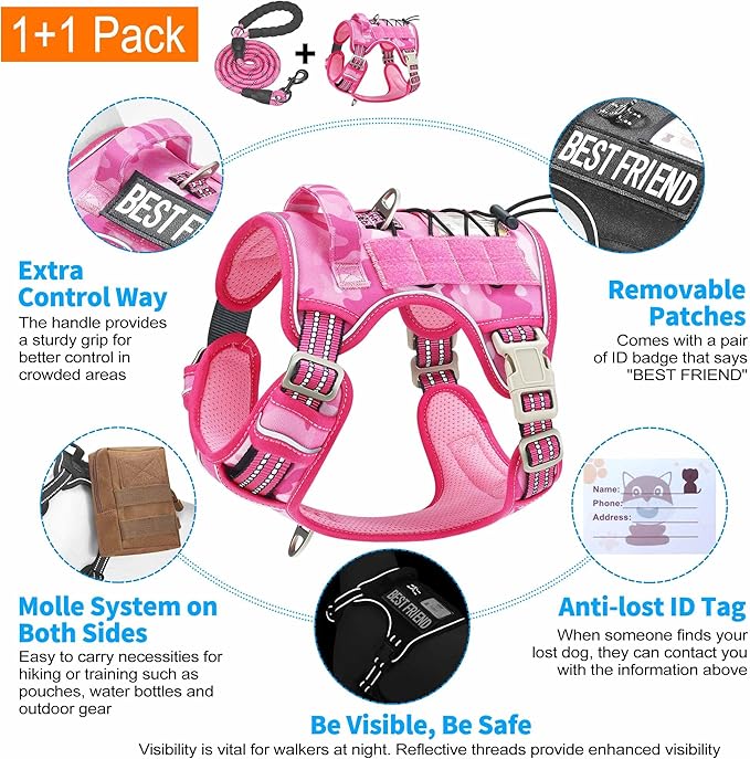 Beebiepet Heavy Duty Tactical Dog Harness for Small Dogs, No Pull Adjustable Pet Harness Reflective Service Training Easy Control Pet Vest Military K9 Working Dog Harnesses- Small, Pink Camo