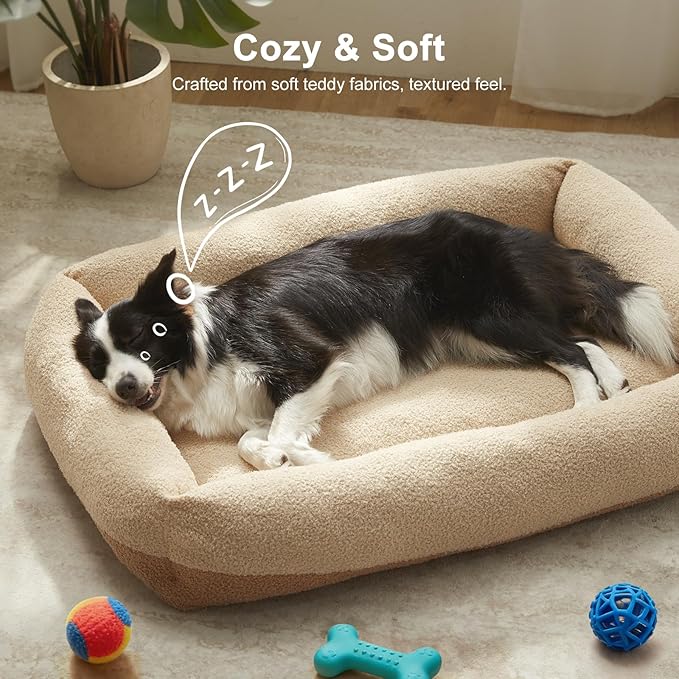 FURTIME Washable Small Dog Bed, Rectangle Comfy Fluffy Kitten Puppy Bed, Removable Zipper Cover Machine Wash, Breathable Orthopedic Bed Durable Pet Cuddler with Anti-Slip Bottom, 20x19x6 in, Beige