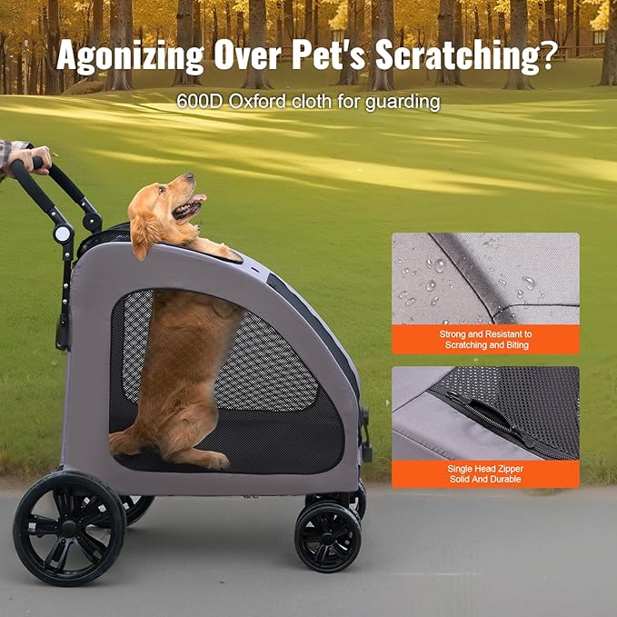 VEVOR Pet Stroller, 4 Wheels Dog Carrier with Brakes, 160lbs Weight Capacity, Portable Puppy Travel Strollers with Breathable Mesh Windows & Height-Adjustable, for Cats & Dogs