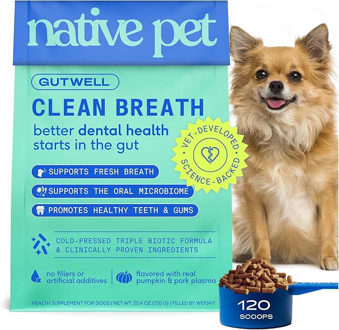GutWell Clean Breath - Dog Breath Freshener & Dog Dental Powder - Teeth Cleaning to Reduce Plaque & Tartar - Promotes Fresh Breath with Targeted Triple-biotic Dental Care Blend - 120 Scoops