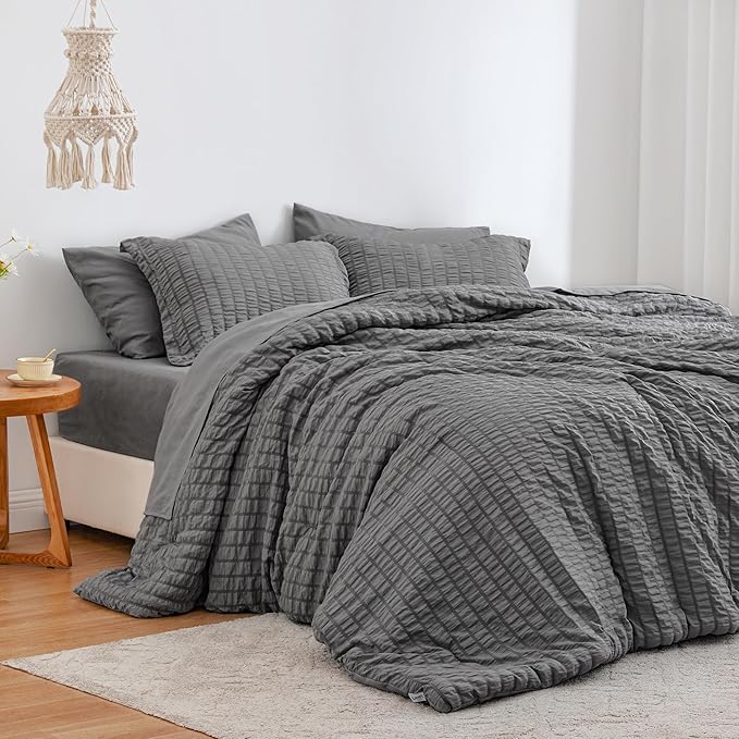Love's cabin Seersucker Dark Grey Twin XL Comforter Set, 5-Piece All Season Lightweight Bed in a Bag Bedding Set with Comforter, Flat Sheet, Fitted Sheet, Pillowcase and Sham | Soft, Breathable, Lightweight