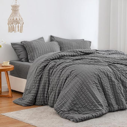Love's cabin Seersucker Dark Grey California King Comforter Set, 7 Pieces California King Bed in a Bag, All Season Bedding Sets with Comforter, Flat Sheet, Fitted Sheet, Pillowcase and Pillow Sham | Soft, Breathable, Lightweight