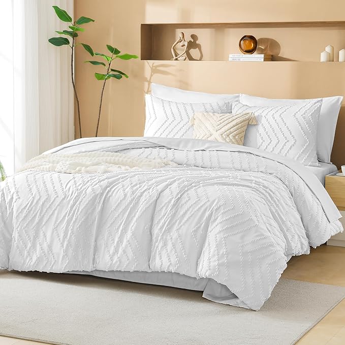 Litanika Super King Plus Size Comforter Set with Sheets White - 7 Pieces Bed in a Bag Oversized King Boho Tufted Complete Bedding Sets with Comforter, Sheets, Pillowcases & Shams