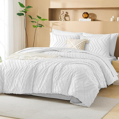 Litanika Super King Plus Size Comforter Set with Sheets White - 7 Pieces Bed in a Bag Oversized King Boho Tufted Complete Bedding Sets with Comforter, Sheets, Pillowcases & Shams