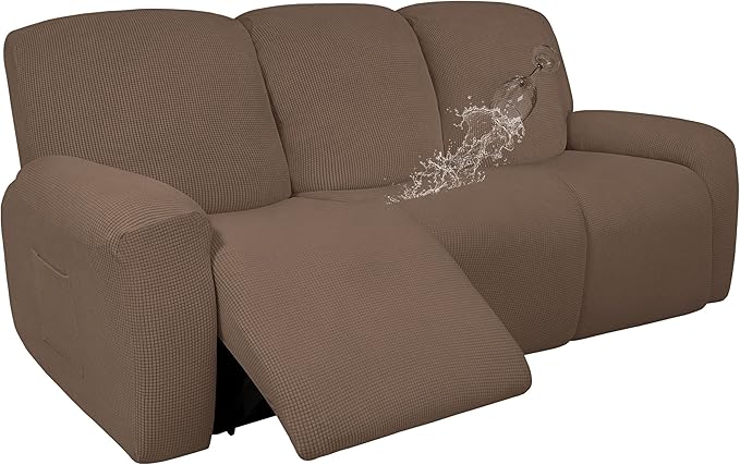 Easy-Going 100% Dual Waterproof Recliner Sofa Cover, 8-Pieces Stretch Relining Couch Cover with Pocket, Jacquard 3 Seat Sofa Slipcover Leakproof Washable (Sofa, Brown)