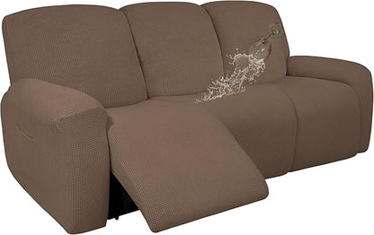 Easy-Going 100% Dual Waterproof Recliner Sofa Cover, 8-Pieces Stretch Relining Couch Cover with Pocket, Jacquard 3 Seat Sofa Slipcover Leakproof Washable (Sofa, Brown)