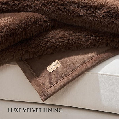 EVERGRACEHOME Luxury Soft Faux Chinchilla Fur Throw Blanket for Couch, Warm Thick Heavy Winter Throw Blanket 1220GSM for Bed, Fluffy Cozy Mink Blanket with Reversible Velvet, Chestnut Mink, 50"x60"