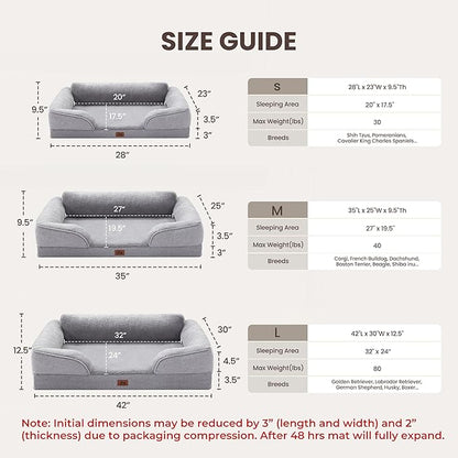 Orthopedic Dog Beds for Medium Size Dogs, Waterproof Egg-Crate Foam Pet Couch Bed with Soft Sides, Non-Slip Dog Sofa with Fleece Removable Washable Cover, 28"L Supportive Pet Sofa, Light Grey