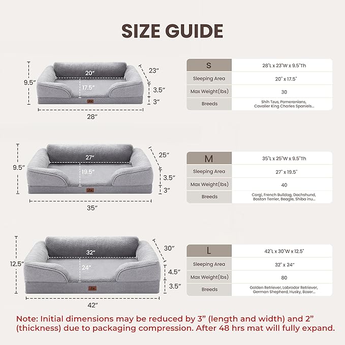 Orthopedic Dog Beds for Medium Size Dogs, Waterproof Egg-Crate Foam Pet Couch Bed with Soft Sides, Non-Slip Dog Sofa with Fleece Removable Washable Cover, 35"L Supportive Pet Sofa, Light Grey