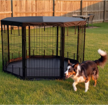 Dog Playpen w/Octagon Bottom Pad & Top Cover - 40 inch, 8 Panel Portable Black Metal Pet Play Pen for Medium & Large Dogs - Indoor/Outdoor Kennel Cage for Home, Yard, RV, or Camping