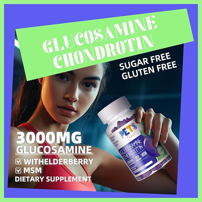 Pets Purest Glucosamine Chondroitin Gummies with MSM & Elderberry Extra Strength - Joint Support, Antioxidant Immune Support Supplement for Adults, Men & Women.60 Blueberry Gummies