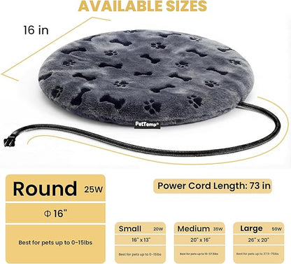 Pet Heating Pad for Cats Dogs Indoor & Sheltered Outdoor Waterproof Heated Cat Bed Heated Dog Bed Chew Resistant Cord Constant Temperature Gray Paw Print Round 16 Inch