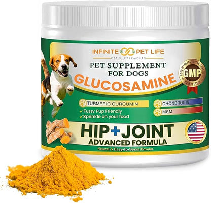 Infinite Pet Life Hip & Joint Supplement Powder for Dogs - Glucosamine, MSM, Chondroitin & Tumeric | Advanced Mobility Support for All Ages & Active Dogs - 12.7 oz