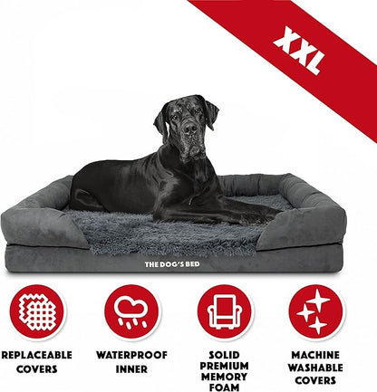 The Dog’s Bed Orthopedic Memory Foam Dog Bed with Bolsters for XXL Dogs, Waterproof Washable Cover, Anti-Slip Base, Calming Surface – CertiPUR-Certified Foam, Fur Fabric, Grey Fur, XXL
