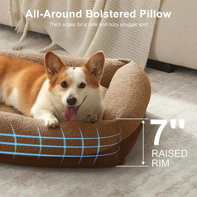 FURTIME Washable Dog Bed Medium Size Dogs, Rectangle Comfy Fluffy Small Dog Bed, Removable Zipper Cover Machine Wash, Orthopedic Bed Durable Pet Cuddler with Anti-Slip Bottom, 25x21x7 in, Brown