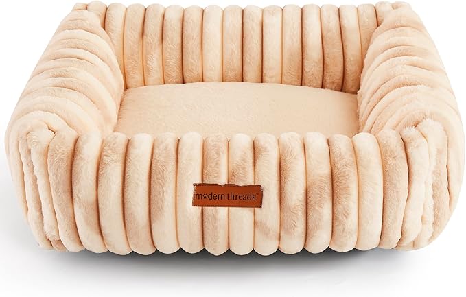 Modern Threads Ribbed Plush Two-Tone Cuddler Dog Bed, Ultra-Soft Faux Rabbit Fur, Supportive Bolstered Sides, Removable Washable Cover, Bed for Small to Medium Dogs, Cream, (24" L x 20" W x 8" Th)