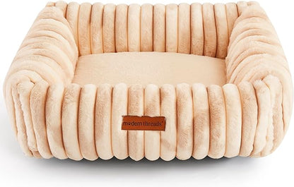 Modern Threads Ribbed Plush Two-Tone Cuddler Dog Bed, Ultra-Soft Faux Rabbit Fur, Supportive Bolstered Sides, Removable Washable Cover, Bed for Small to Medium Dogs, Cream, (24" L x 20" W x 8" Th)