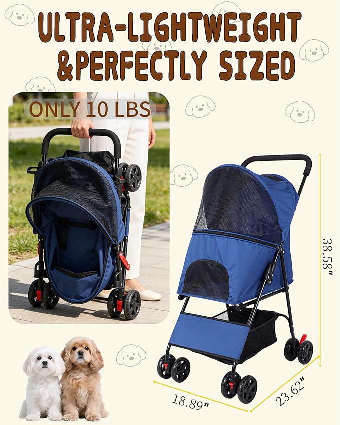 Pet Stroller for Small Medium Dogs Cats - Lightweight 10lbs Foldable Dog Stroller, Breathable Mesh & Safety Tether, 33lbs Capacity with Locking Wheels, Storage Basket for Outdoor Walks-Blue