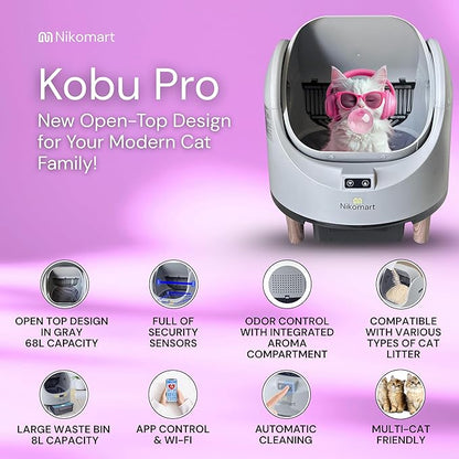 Open-Top Self Cleaning Litter Box, 68L Large Capacity for Multi Cats - Automatic Litter Box New Gray Design with App Control & Fragrance Dispenser for a Fresh Home