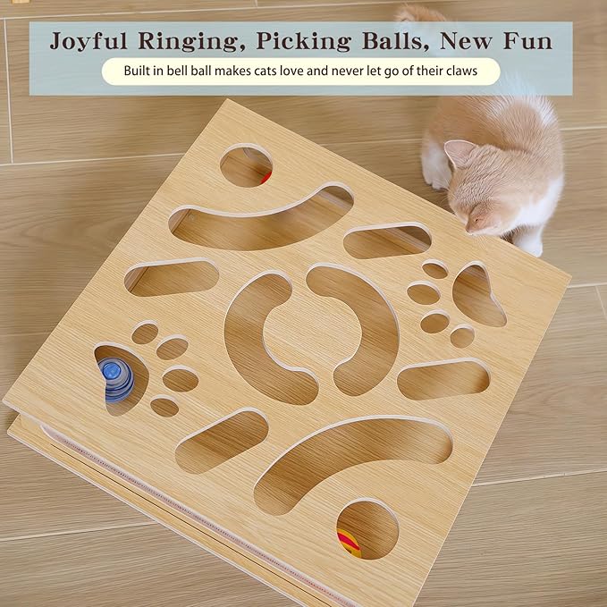 Interactive Wooden Cat Puzzle Toy Box with 4 Balls Interactive Cat Toy for Indoor Cats Indoor Hunting Play Toy Treat Puzzle Toys for Cats