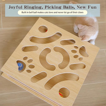 Interactive Wooden Cat Puzzle Toy Box with 4 Balls Interactive Cat Toy for Indoor Cats Indoor Hunting Play Toy Treat Puzzle Toys for Cats