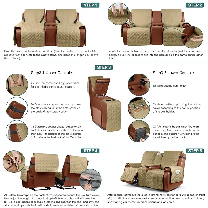 Ruaozz Waterproof Loveseat Recliner Cover with Console Non-Slip Reclining Couch Covers Split Sofa Slipcovers with Elastic Straps Furniture Protector for Kids, Dogs, Pets (Sand, 2 Seater)