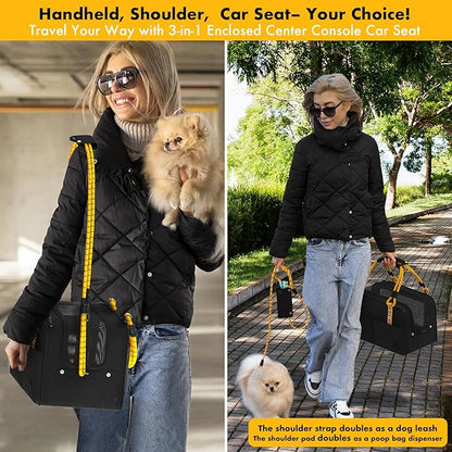 PAWZIDEA Center Console Dog Car Seat, Enclosed Small Dog Armrest Booster Carseat, Secure Straps &Anti Slip, Portable TSA Approved Puppy Pet Carrier Soft-Sided, Removable Pillow Storage Pocket, up 12lb