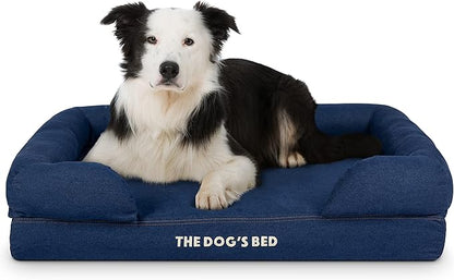 The Dog’s Bed Orthopedic Memory Foam Dog Bed with Bolsters for Large Dogs, Waterproof Washable Cover, Anti-Slip Base, Calming Surface – CertiPUR-Certified Foam, Denim Fabric, Blue Denim, Large