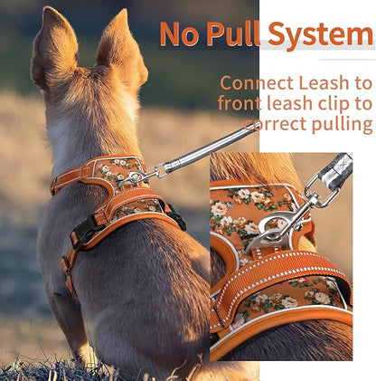 HEELE Dog Harness, No Pull Adjustable Padded Reflective Harness for Small Medium Large Dogs with Handle for Walking Training, Flower-Orange,M