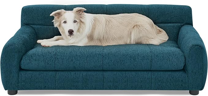 Dog Couch Bed with Backrest and Armrest, Durable Pet Sofa with Upholstered Foam Cushion, Elevated Dog Couch Bed with Legs for Medium Dogs, Blue