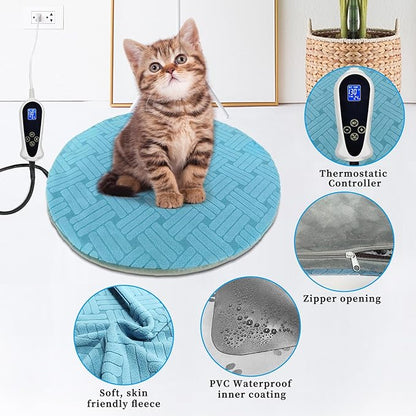 Cat Heating Pad with Smart Thermostat Switch and Chew Resistant Cord, Upgraded Adjustable Controller, Temperature and Timer Adjustable, Round-16 inches Soft Cloth Heated Cat Bed for Dogs & Cats