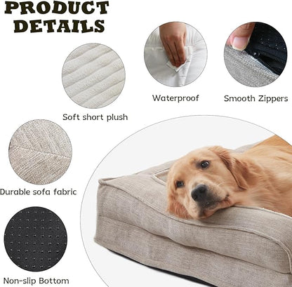 WINDRACING Orthopedic Dog Beds for Large Dogs, Waterproof Egg Foam Dog Sofa Bed with L Bolster Sides, Washable XLarge Pet Bed with Removable Cover & Non-Slip Bottom, 40 x 28 inch, Beige